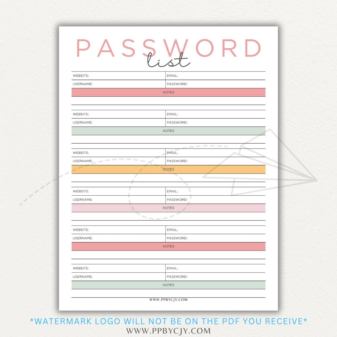 Online Password Tracker Printable PDF Template for logging website names, usernames, passwords, and security notes.

