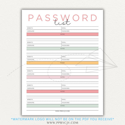 Online Password Tracker Printable PDF Template for logging website names, usernames, passwords, and security notes.

