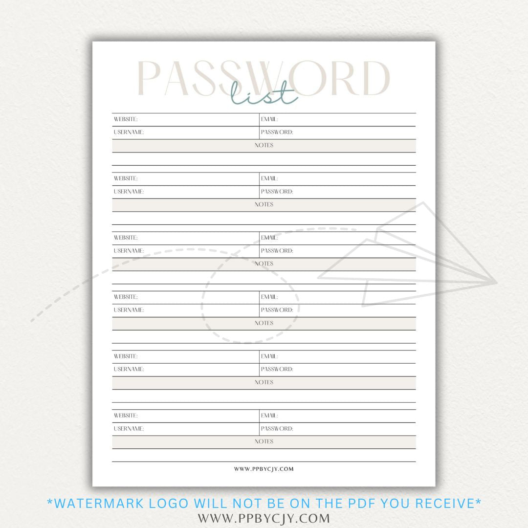 Online Password Tracker Printable PDF Template for logging website names, usernames, passwords, and security notes.

