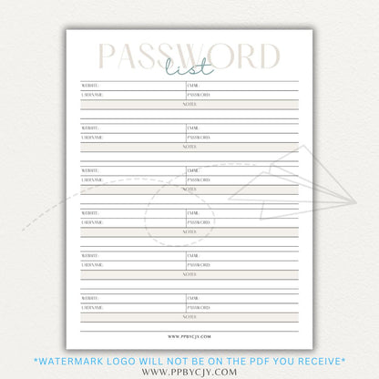 Online Password Tracker Printable PDF Template for logging website names, usernames, passwords, and security notes.

