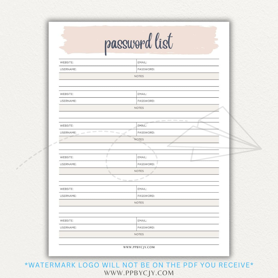 Online Password Tracker Printable PDF Template for logging website names, usernames, passwords, and security notes.

