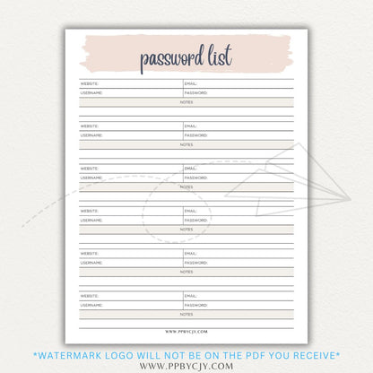 Online Password Tracker Printable PDF Template for logging website names, usernames, passwords, and security notes.

