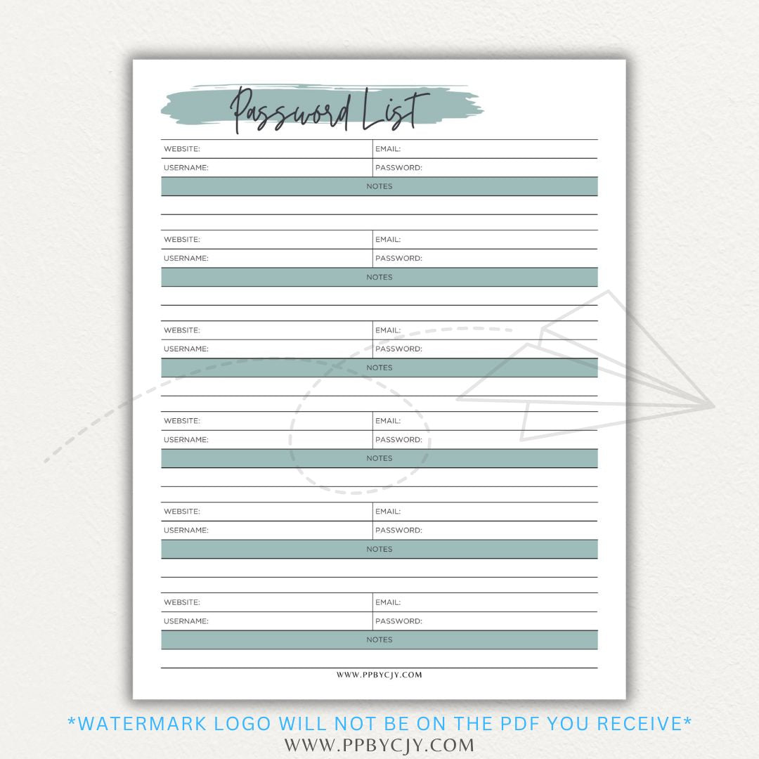 Online Password Tracker Printable PDF Template for logging website names, usernames, passwords, and security notes.

