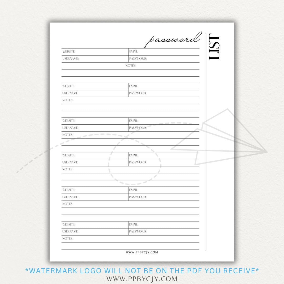 Online Password Tracker Printable PDF Template for logging website names, usernames, passwords, and security notes.

