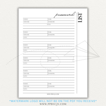Online Password Tracker Printable PDF Template for logging website names, usernames, passwords, and security notes.

