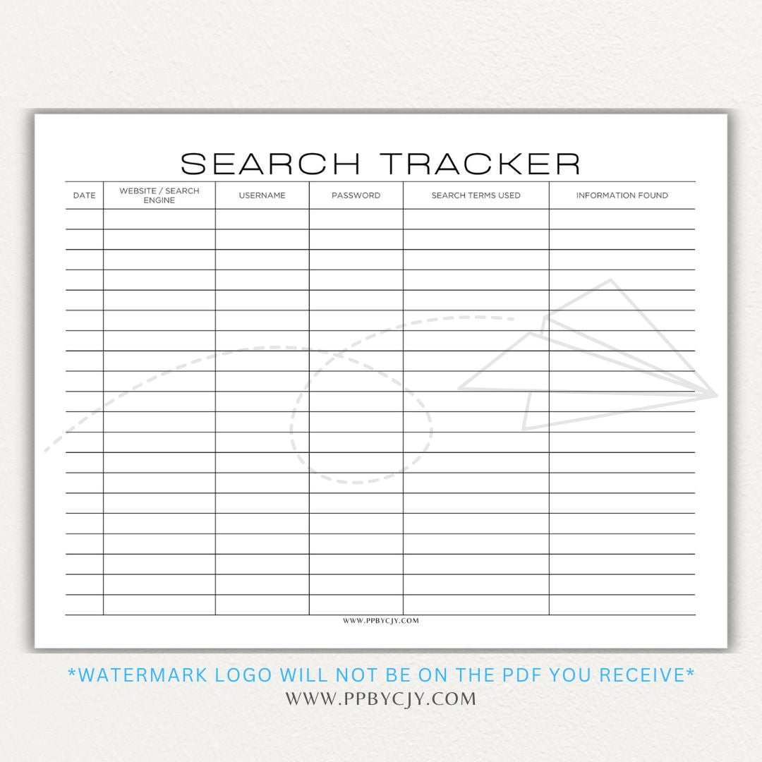 Online Search Tracker Printable PDF Template for logging keywords, sources, and findings.

