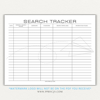 Online Search Tracker Printable PDF Template for logging keywords, sources, and findings.

