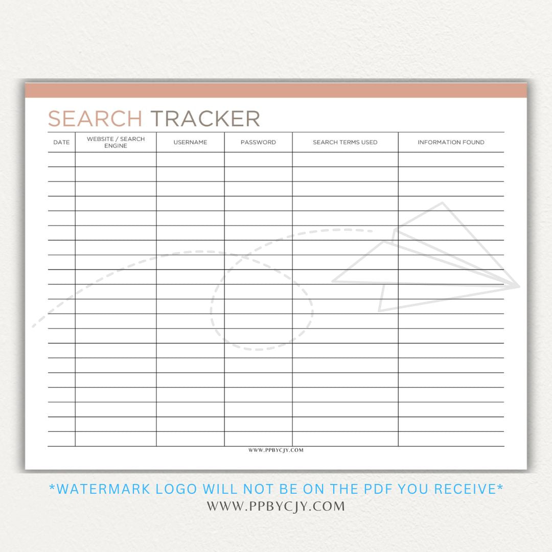 Online Search Tracker Printable PDF Template for logging keywords, sources, and findings.

