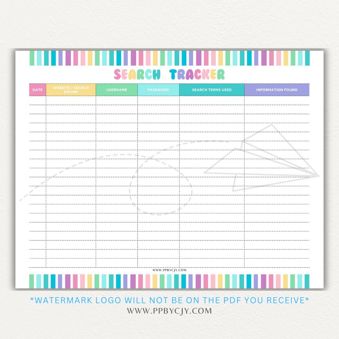 Online Search Tracker Printable PDF Template for logging keywords, sources, and findings.

