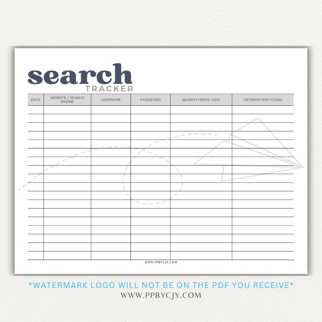 Online Search Tracker Printable PDF Template for logging keywords, sources, and findings.

