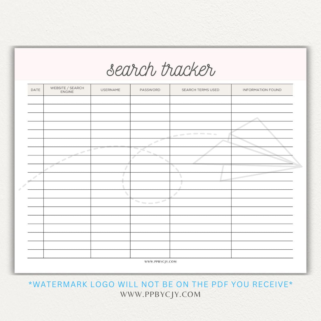 Online Search Tracker Printable PDF Template for logging keywords, sources, and findings.

