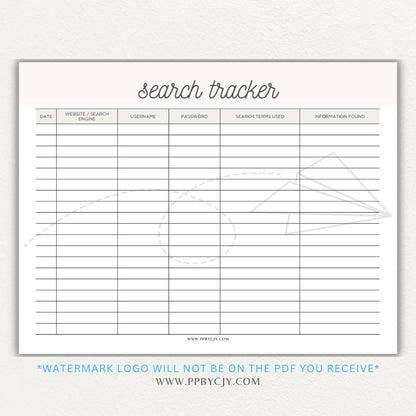 Online Search Tracker Printable PDF Template for logging keywords, sources, and findings.

