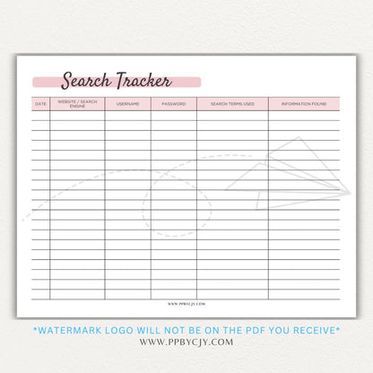 Online Search Tracker Printable PDF Template for logging keywords, sources, and findings.

