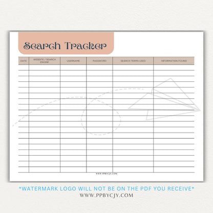 Online Search Tracker Printable PDF Template for logging keywords, sources, and findings.

