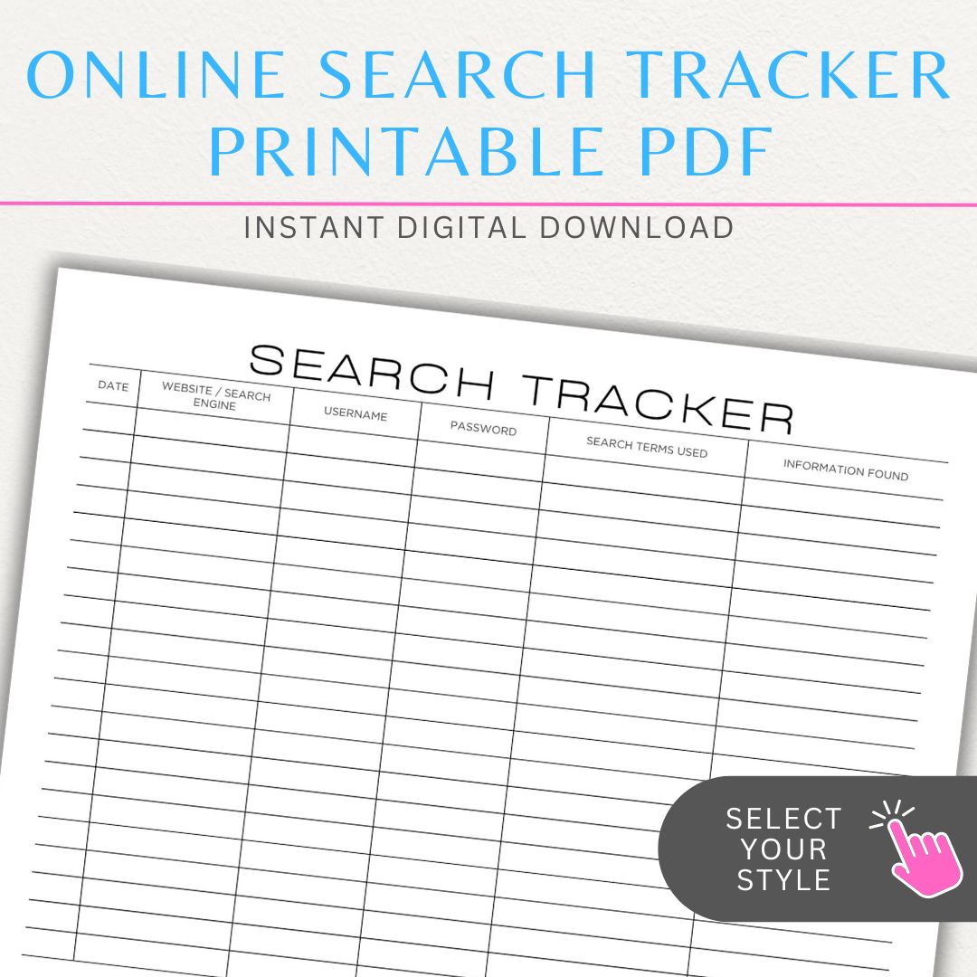 Online Search Tracker Printable PDF Template for logging keywords, sources, and findings.

