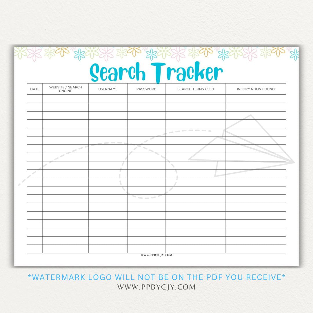 Online Search Tracker Printable PDF Template for logging keywords, sources, and findings.

