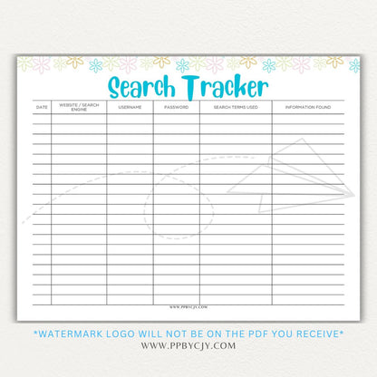 Online Search Tracker Printable PDF Template for logging keywords, sources, and findings.

