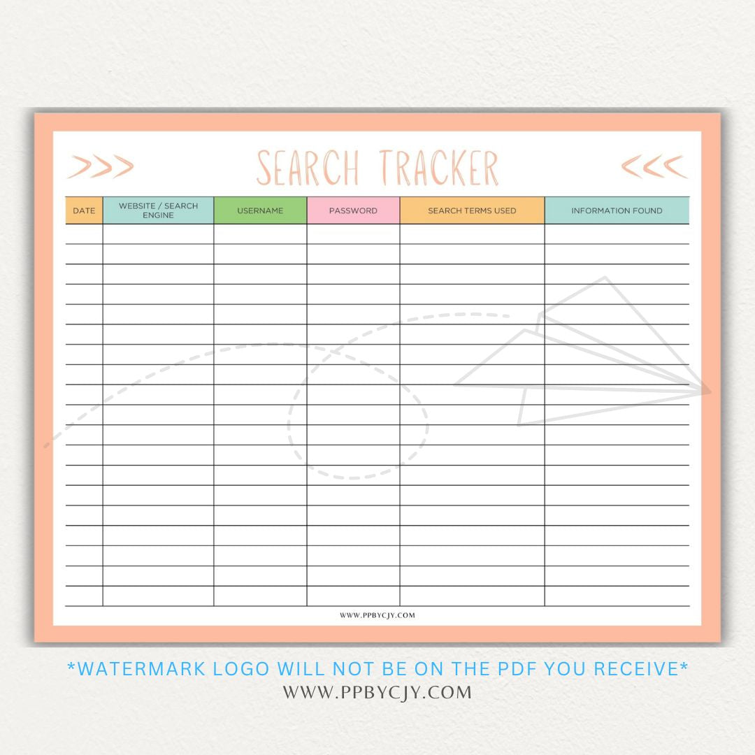 Online Search Tracker Printable PDF Template for logging keywords, sources, and findings.

