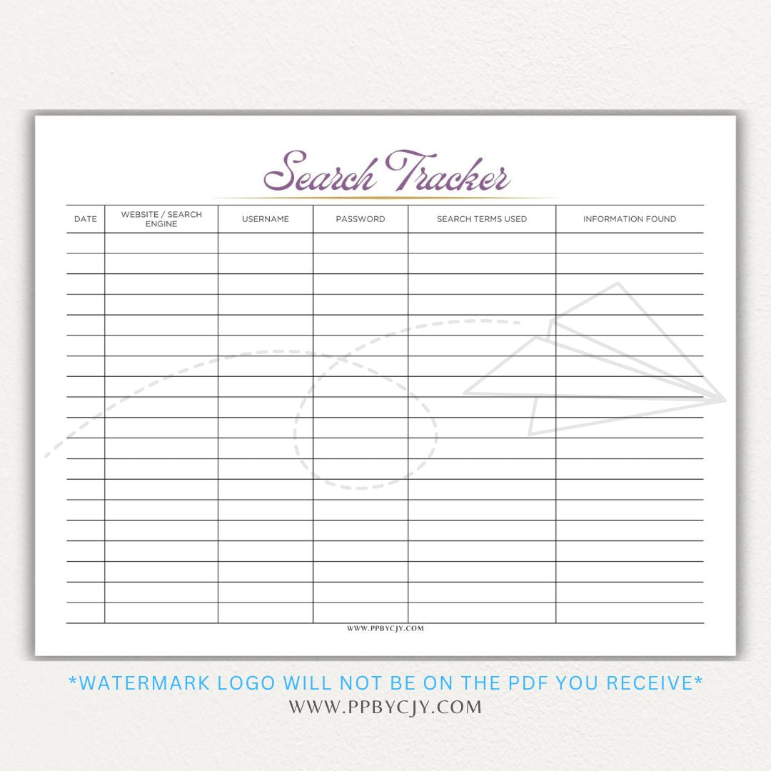 Online Search Tracker Printable PDF Template for logging keywords, sources, and findings.

