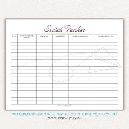 Online Search Tracker Printable PDF Template for logging keywords, sources, and findings.

