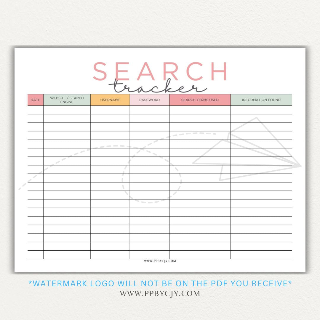 Online Search Tracker Printable PDF Template for logging keywords, sources, and findings.

