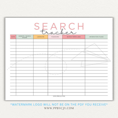 Online Search Tracker Printable PDF Template for logging keywords, sources, and findings.

