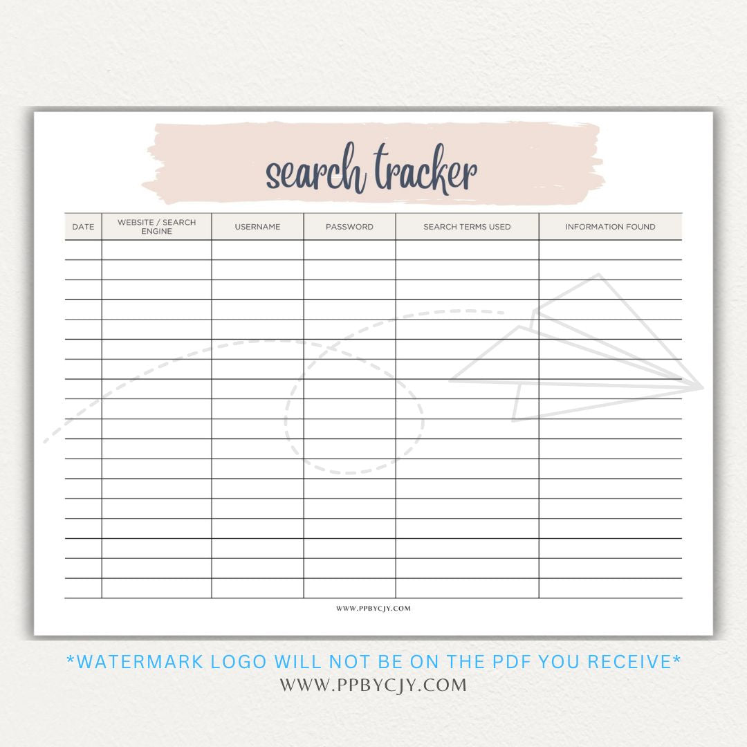 Online Search Tracker Printable PDF Template for logging keywords, sources, and findings.

