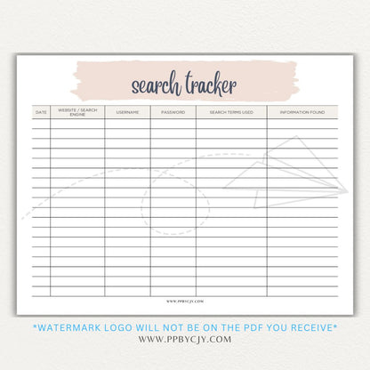 Online Search Tracker Printable PDF Template for logging keywords, sources, and findings.

