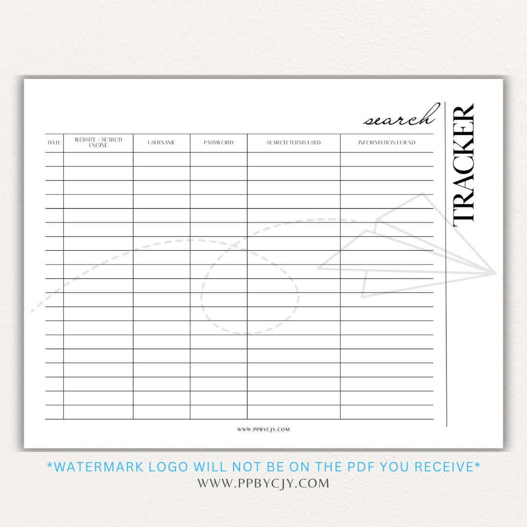 Online Search Tracker Printable PDF Template for logging keywords, sources, and findings.

