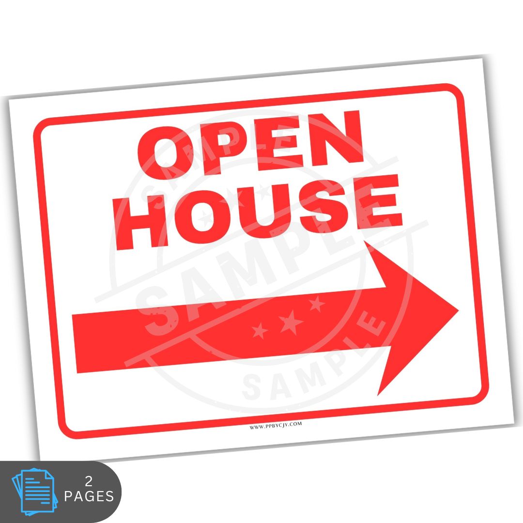 Open House sign with red text and arrow on a white background