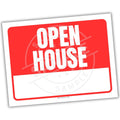 Open house sign with red background and white text on a white background