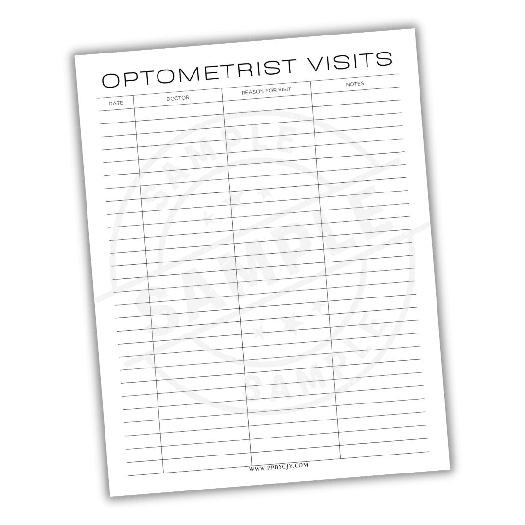 Sheet titled 'Optometrist Visits' with columns for date, doctor, reason for visit, and notes on a white background.