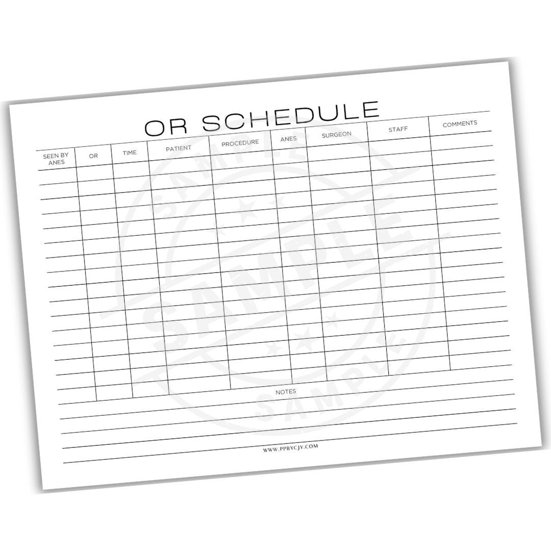 Blank OR schedule sheet with columns for patient, procedure, and staff details on a white background.