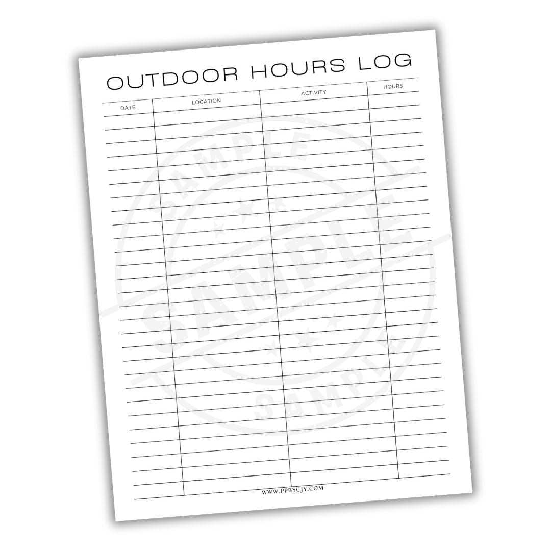 Outdoor Hours Log sheet with columns for date, location, activity, and hours on a white background.