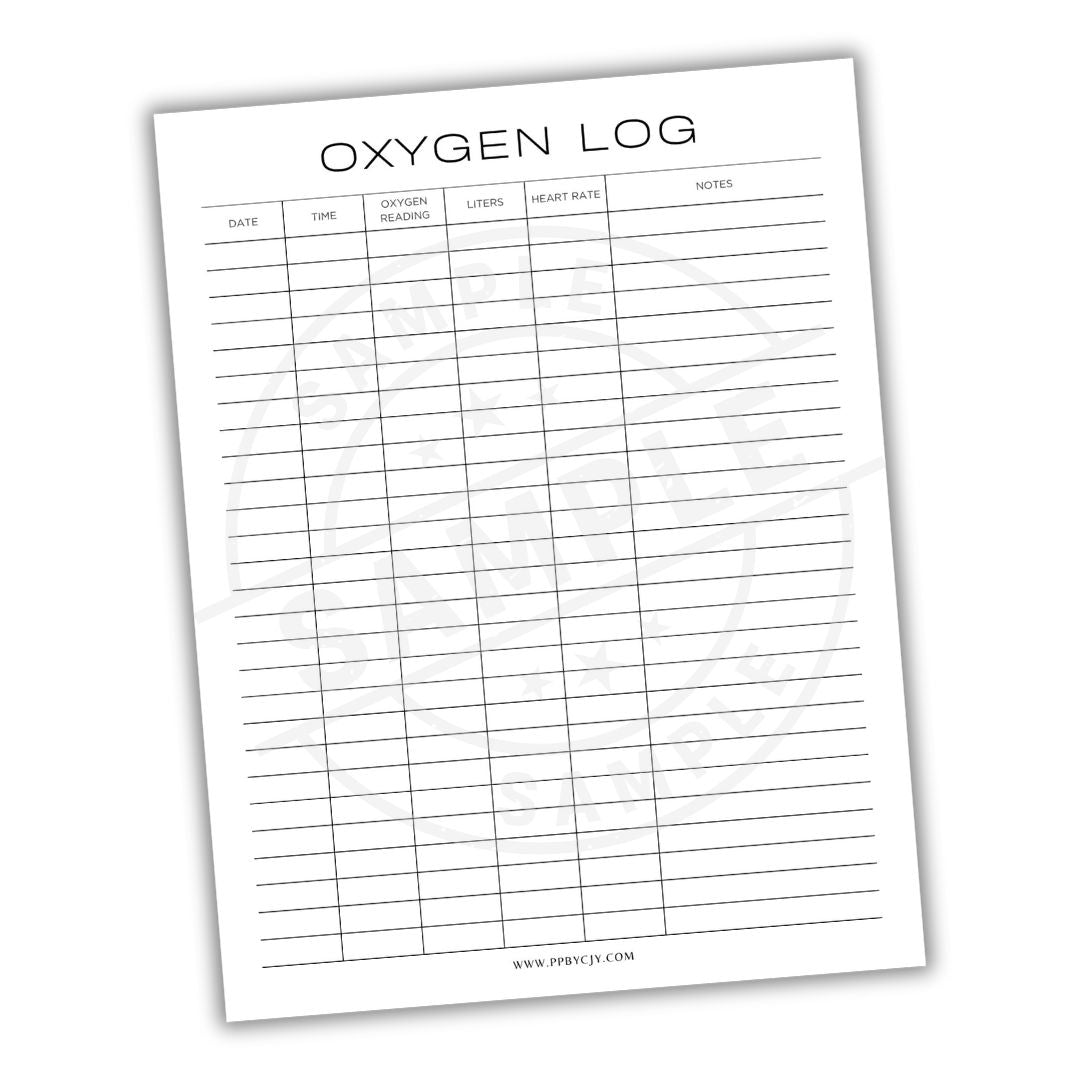 Oxygen log sheet with columns for date, time, oxygen reading, liters, heart rate, and notes on a white background.