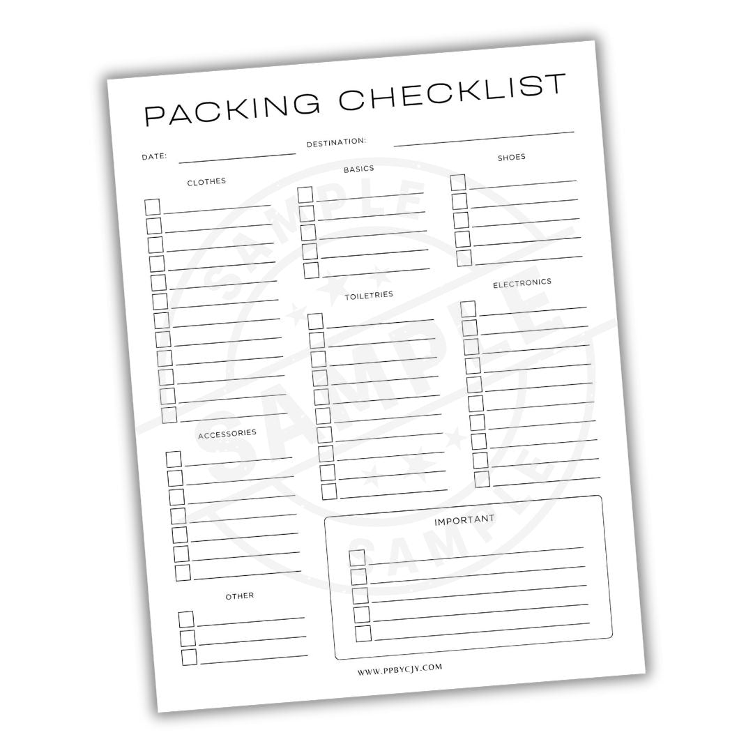 Packing checklist with various categories on a white background