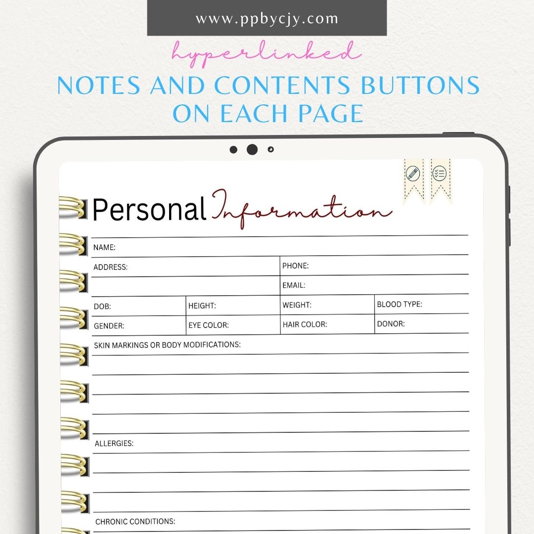 Personal Medical Digital Planner – Digital download featuring interactive pages for managing and tracking personal medical information, appointments, and health records.