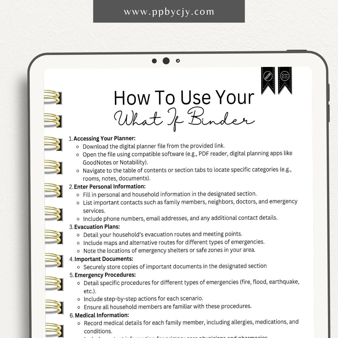 Emergency Prep Paperwork Organizer Digital Planner  – Digital download for ensuring that all important paperwork is in order for emergency preparedness, including documents, contacts, and essential records