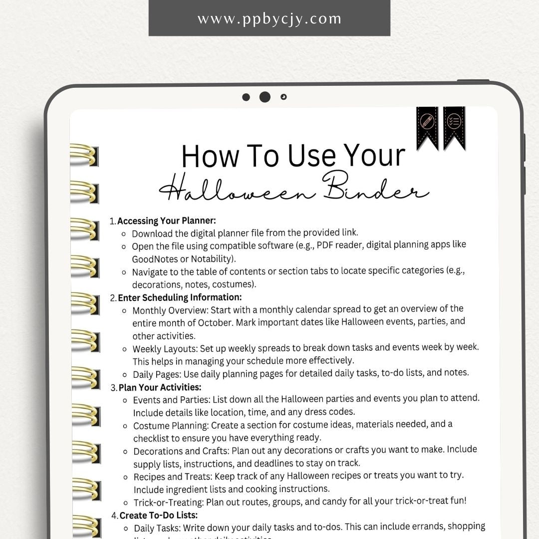 Halloween Digital Planner – Digital download featuring themed pages for organizing Halloween activities, events, and preparations.