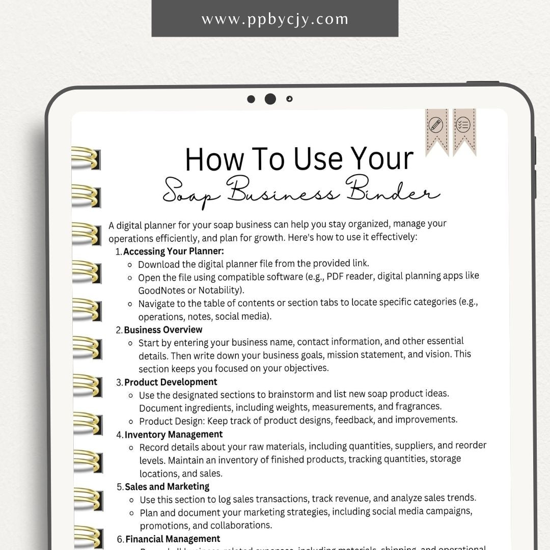 Soap Business Digital Planner – Digital download for managing and organizing various aspects of your soap business, including production schedules, inventory, orders, and marketing strategies