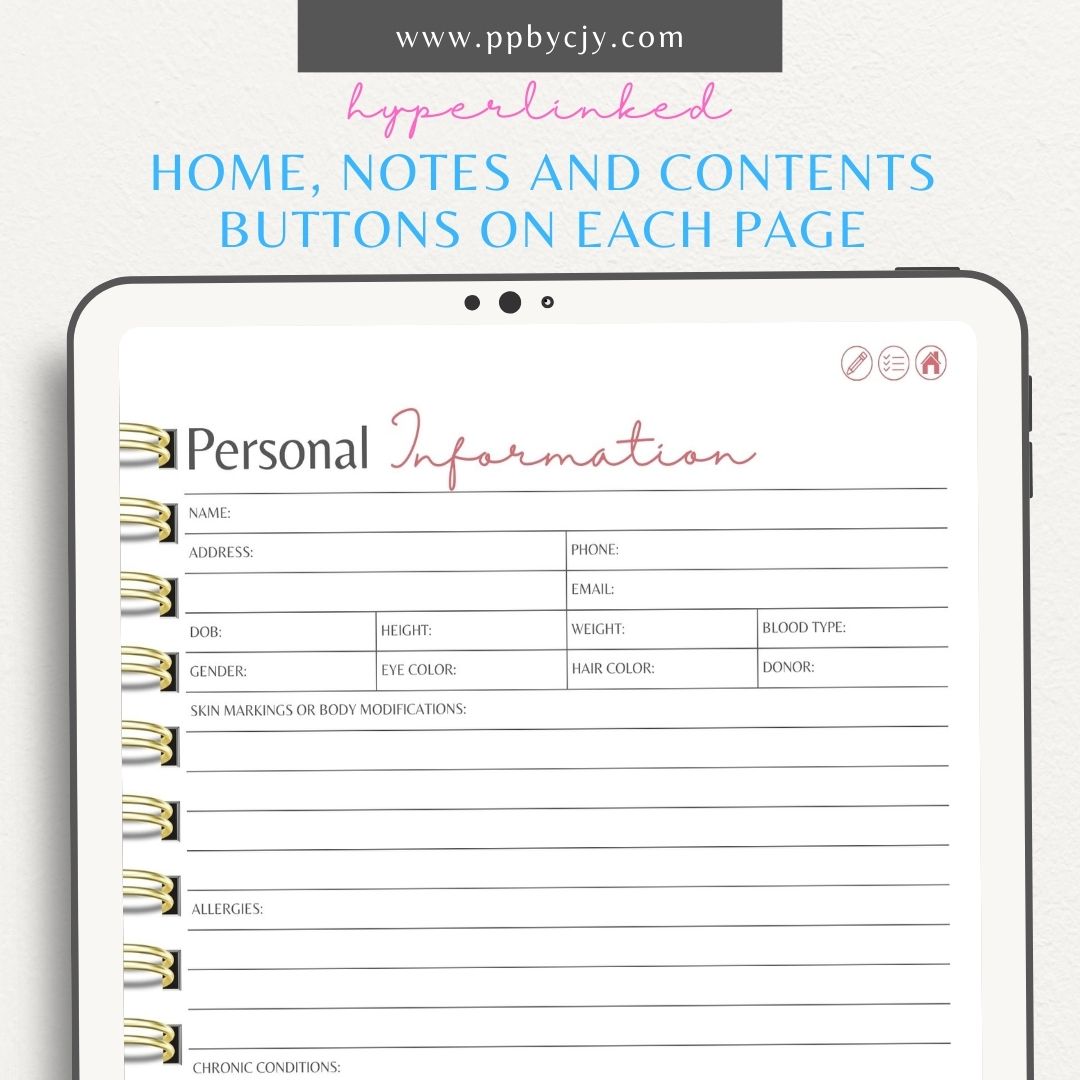 Medical Information Digital Planner – Digital download featuring interactive pages for organizing and tracking personal medical details, health records, and appointments.