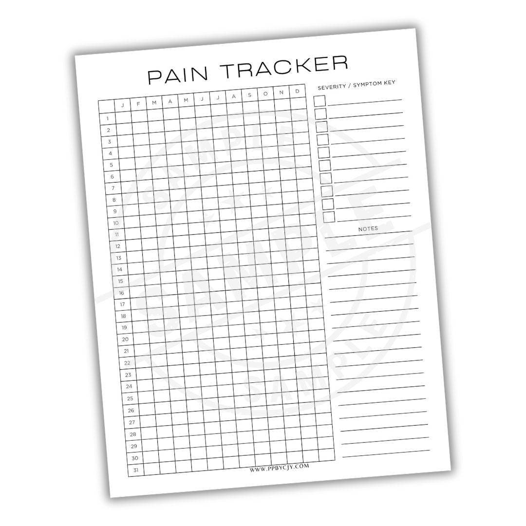 Pain tracker sheet with grid and text on a white background