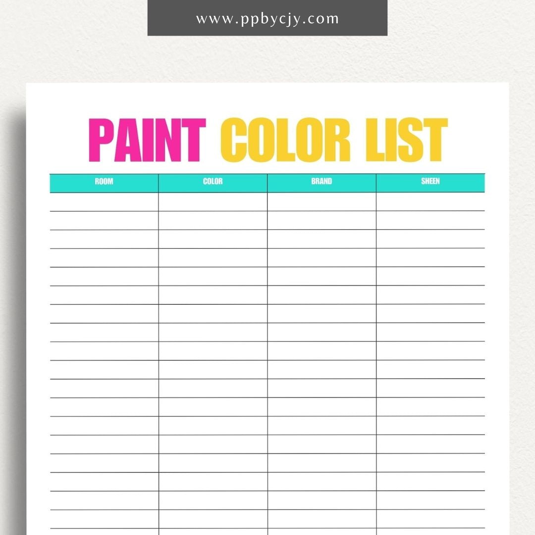 Paint Color List Printable Template – Digital download for organizing and tracking paint colors, including names, codes, and usage details.