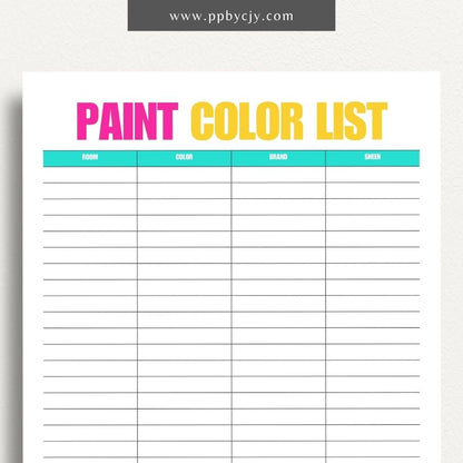 Paint Color List Printable Template – Digital download for organizing and tracking paint colors, including names, codes, and usage details.