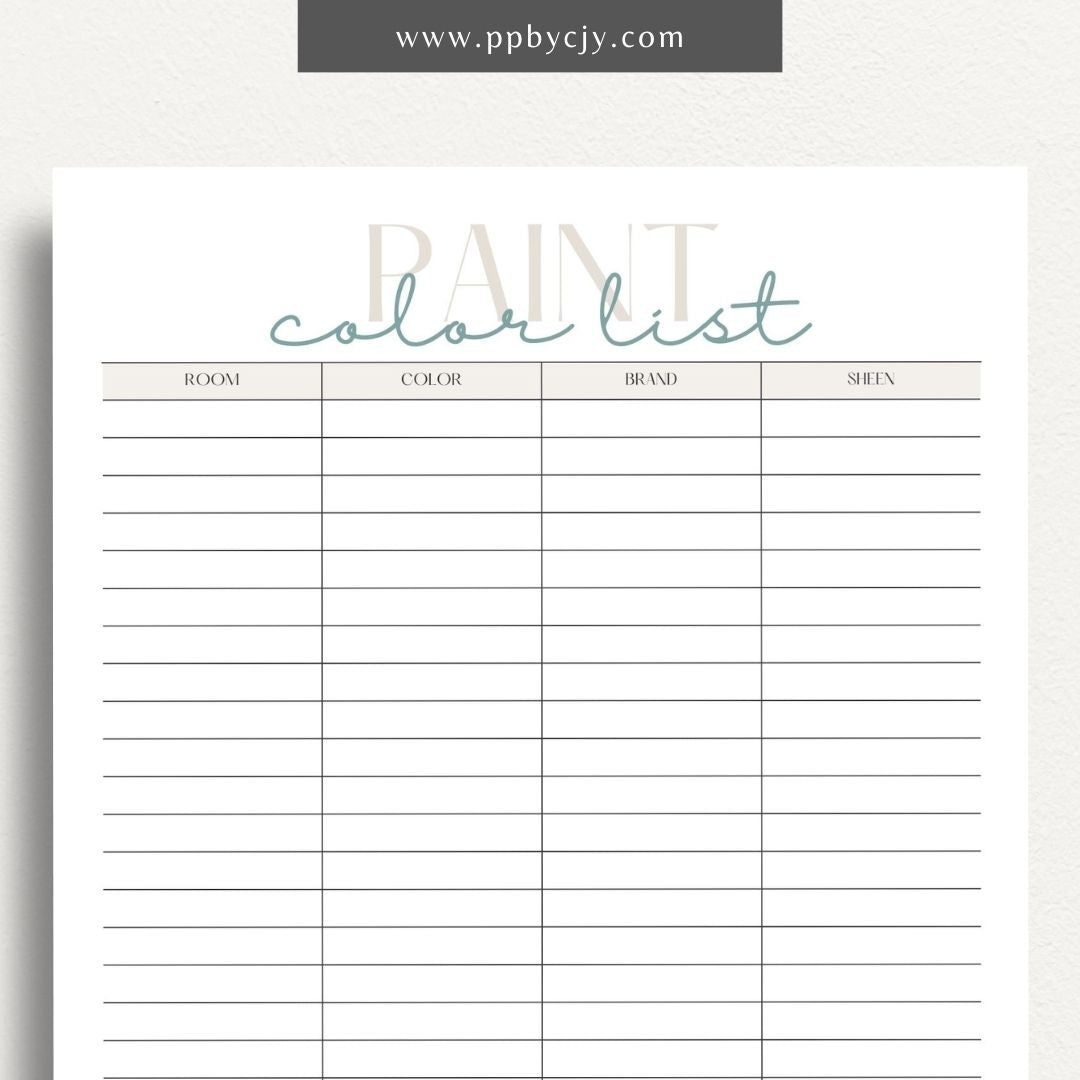 Paint Color List Printable Template – Digital download for organizing and tracking paint colors, including names, codes, and usage details.