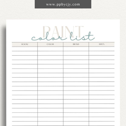 Paint Color List Printable Template – Digital download for organizing and tracking paint colors, including names, codes, and usage details.