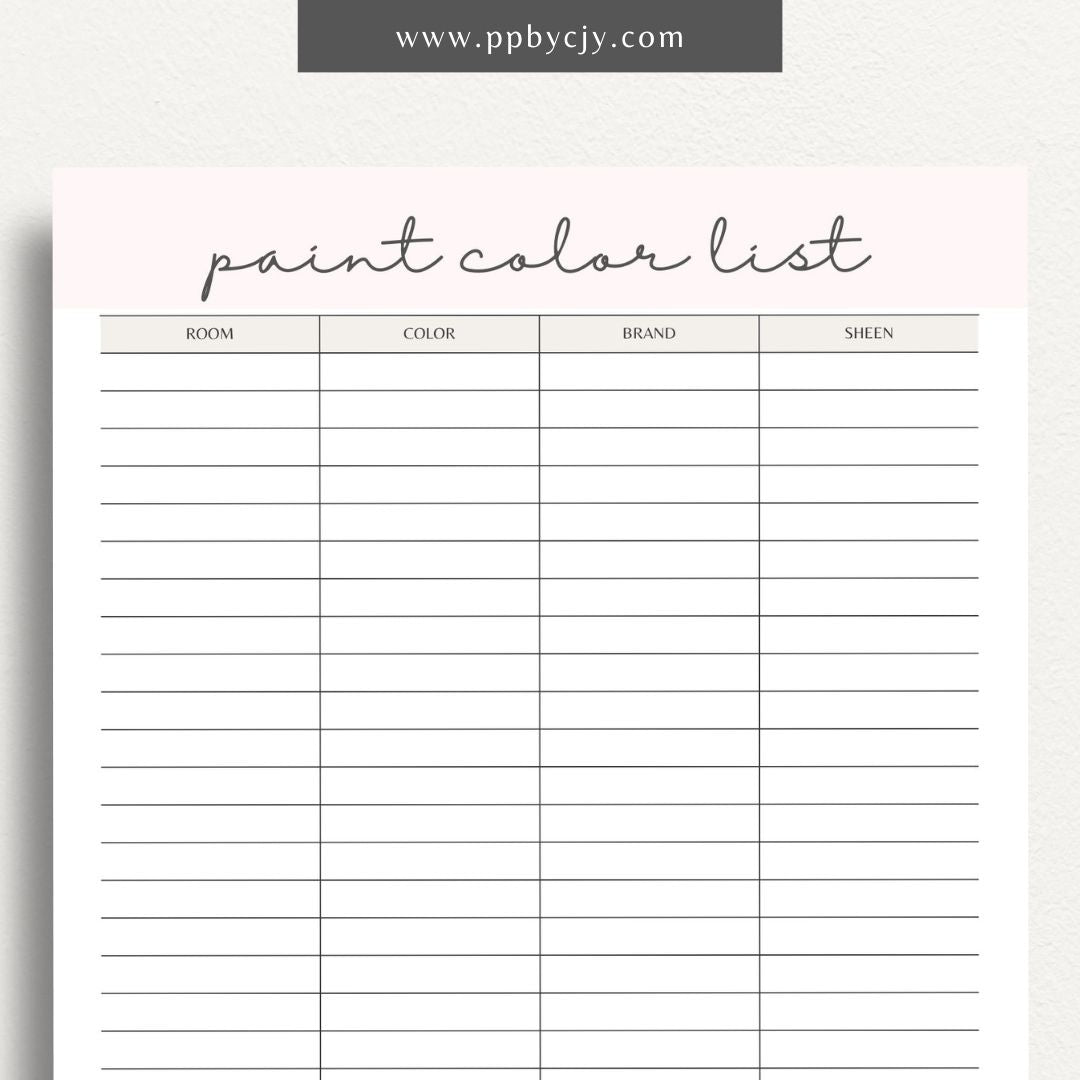Paint Color List Printable Template – Digital download for organizing and tracking paint colors, including names, codes, and usage details.