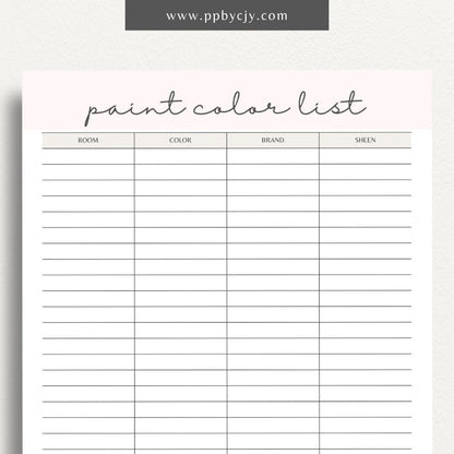 Paint Color List Printable Template – Digital download for organizing and tracking paint colors, including names, codes, and usage details.