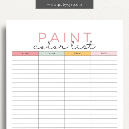 Paint Color List Printable Template – Digital download for organizing and tracking paint colors, including names, codes, and usage details.