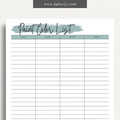 Paint Color List Printable Template – Digital download for organizing and tracking paint colors, including names, codes, and usage details.